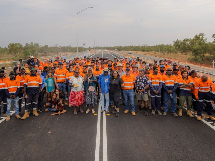 Workers and community on the new Brooking Channel Bridge